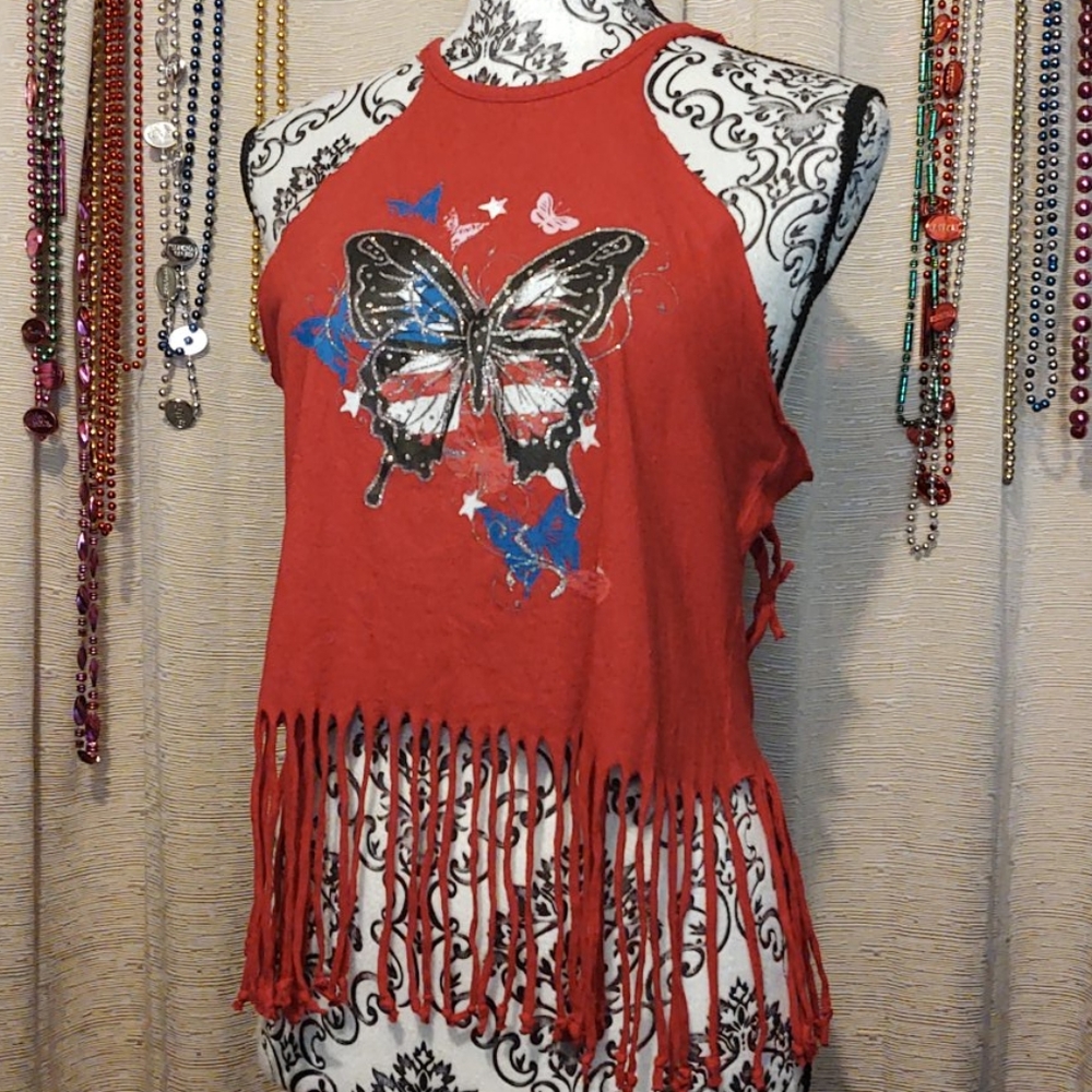 Upcycled Patriotic Butterfly Fringed Crop Top Sm/Med